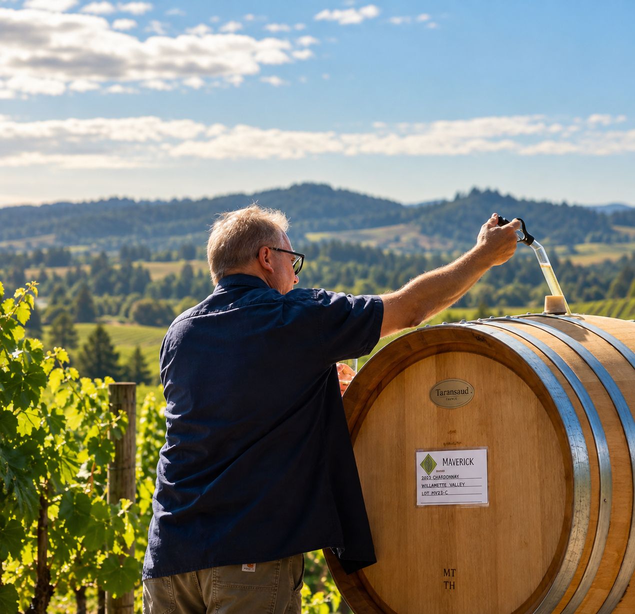 Barrel thieving outdoors above the valley