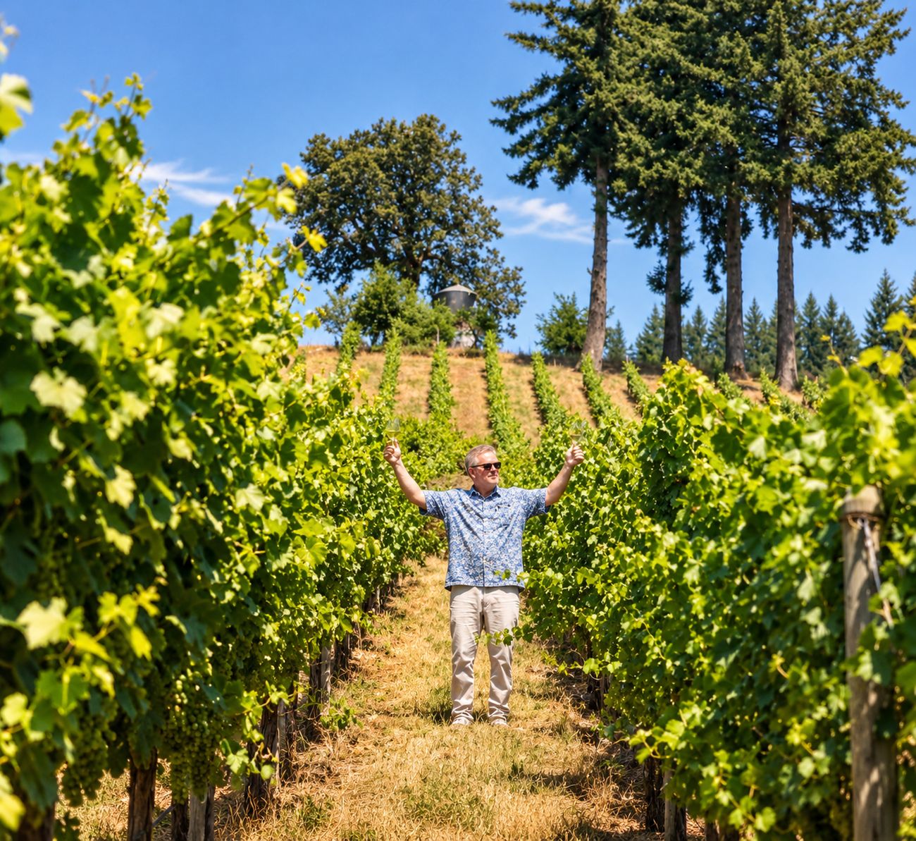 Jay between the rows on the hill