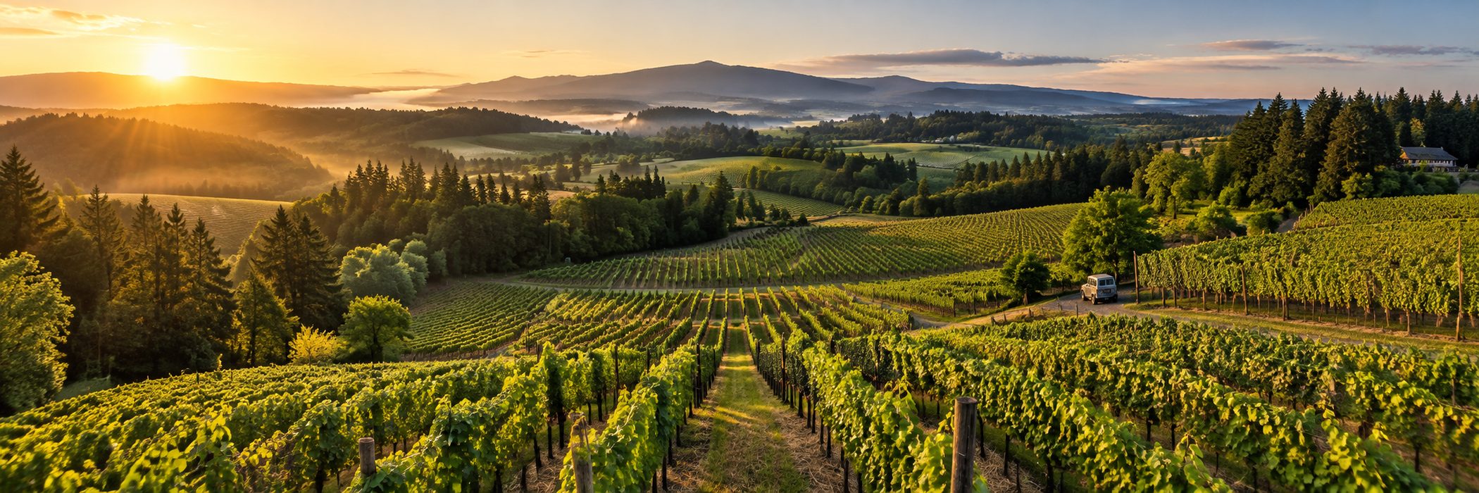 The Yamhill-Carlton hills at sunrise from the farm