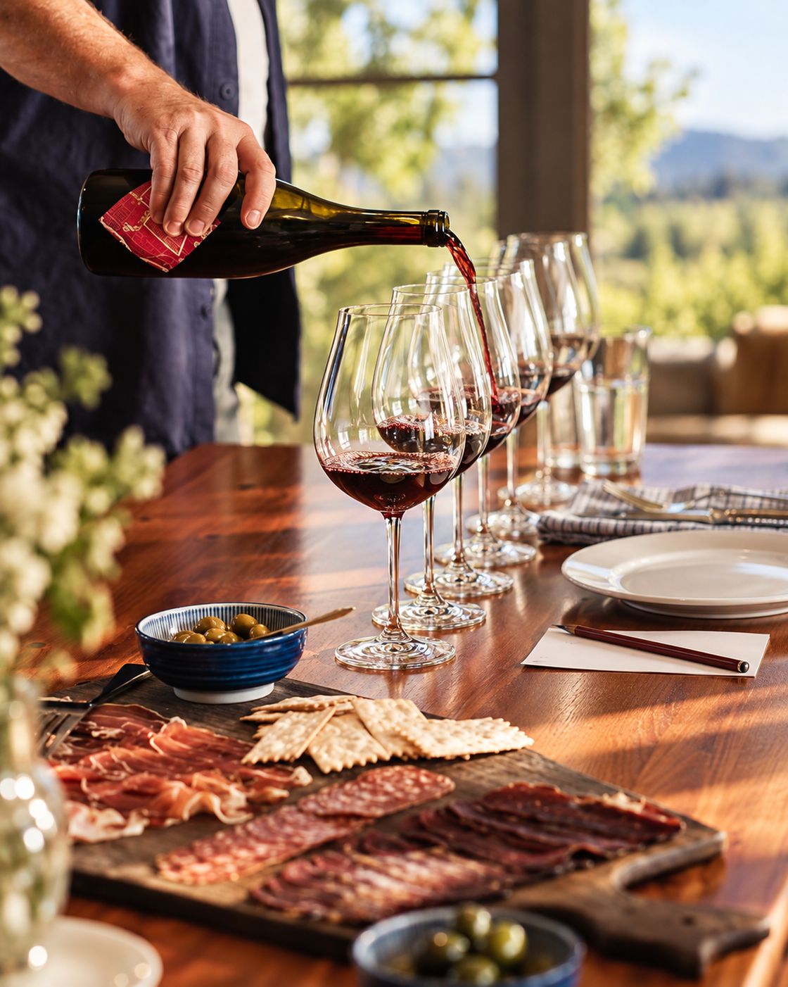 Six wines in six glasses at the cottage table
